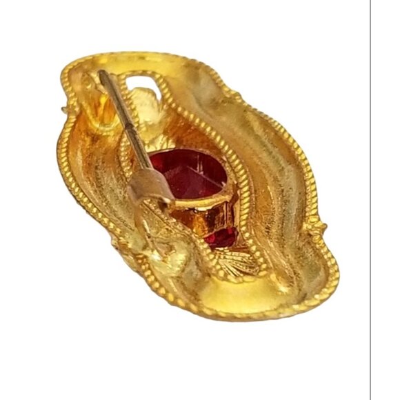 Czech Gold Tone Art Nouveau-style Red Prong Set Rhinestone Bar Brooch, M969 - Picture 4 of 8